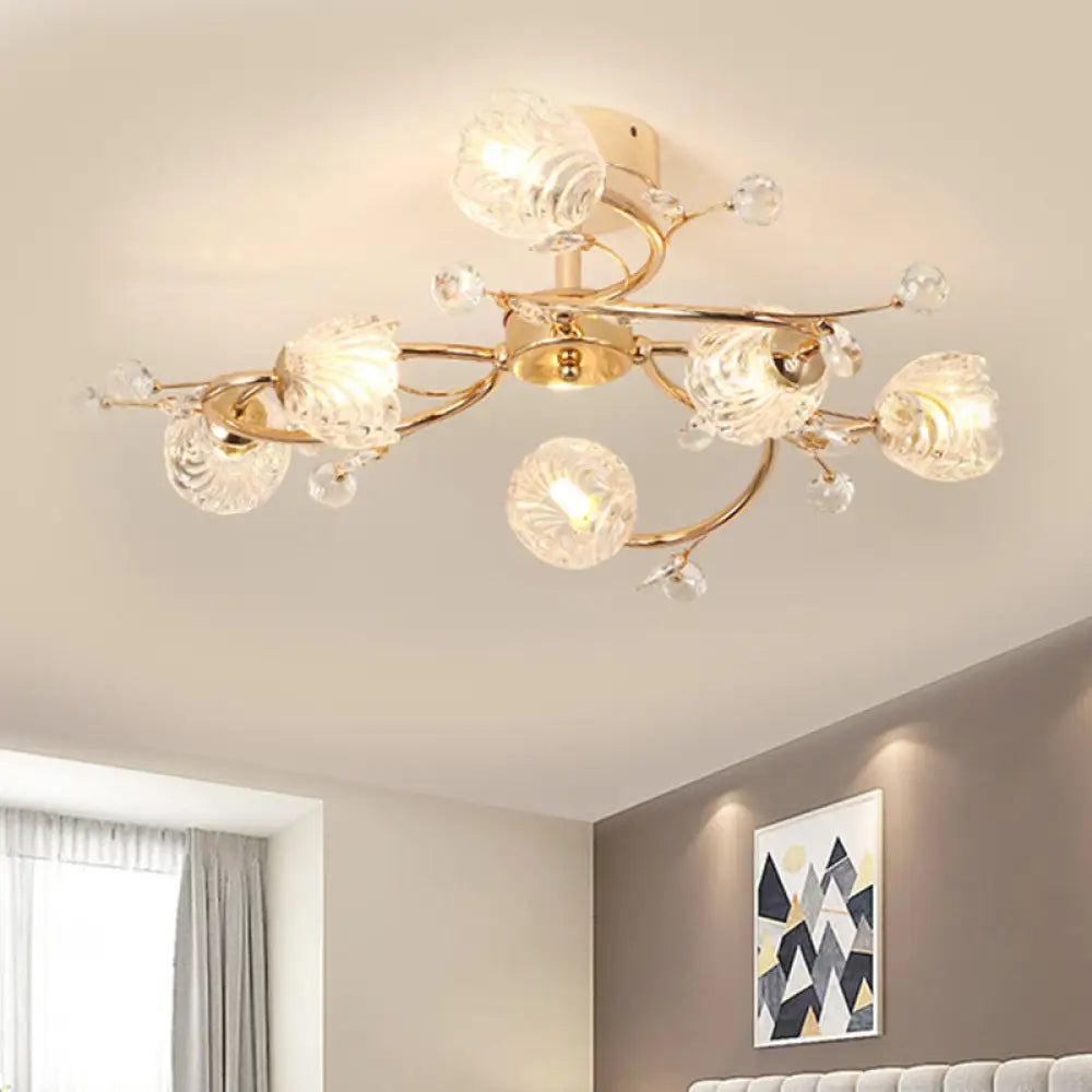 Minimalist Gold Ceiling Light Fixture With Bloom Clear Crystal Shade - 6 - Head Bedroom Semi Flush
