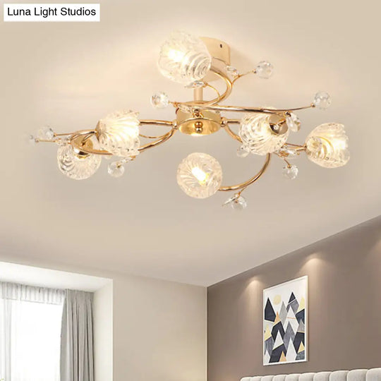 Minimalist Gold Ceiling Light Fixture With Bloom Clear Crystal Shade - 6-Head Bedroom Semi Flush