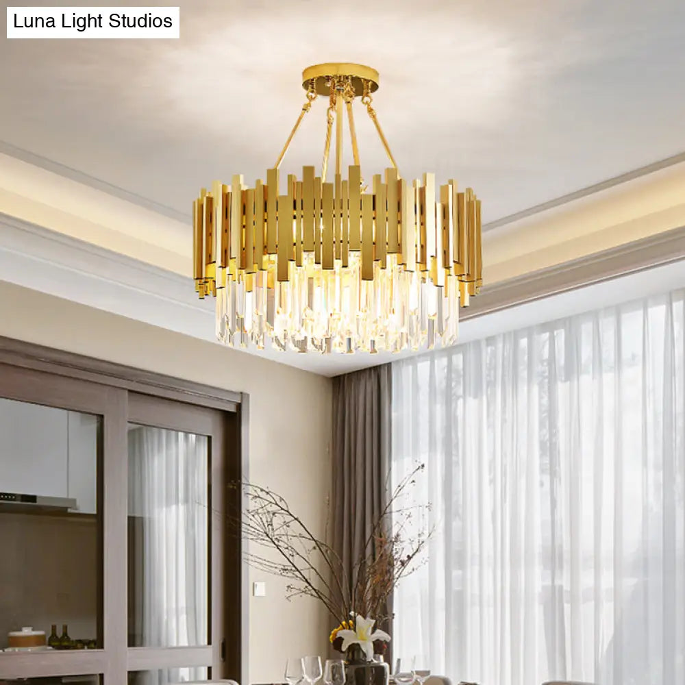 Minimalist Gold Chandelier - 6-Light Drum Crystal Pendant For Living Room Ceiling