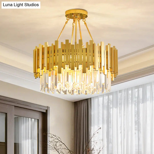 Minimalist Gold Living Room Chandelier With Crystal Drum Shade- 6 Lights Pendant Light