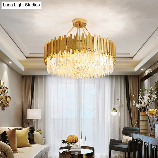 Minimalist Gold Living Room Chandelier With Crystal Drum Shade- 6 Lights Pendant Light