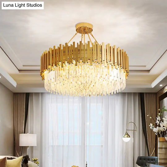 Minimalist Gold Chandelier - 6-Light Drum Crystal Pendant For Living Room Ceiling