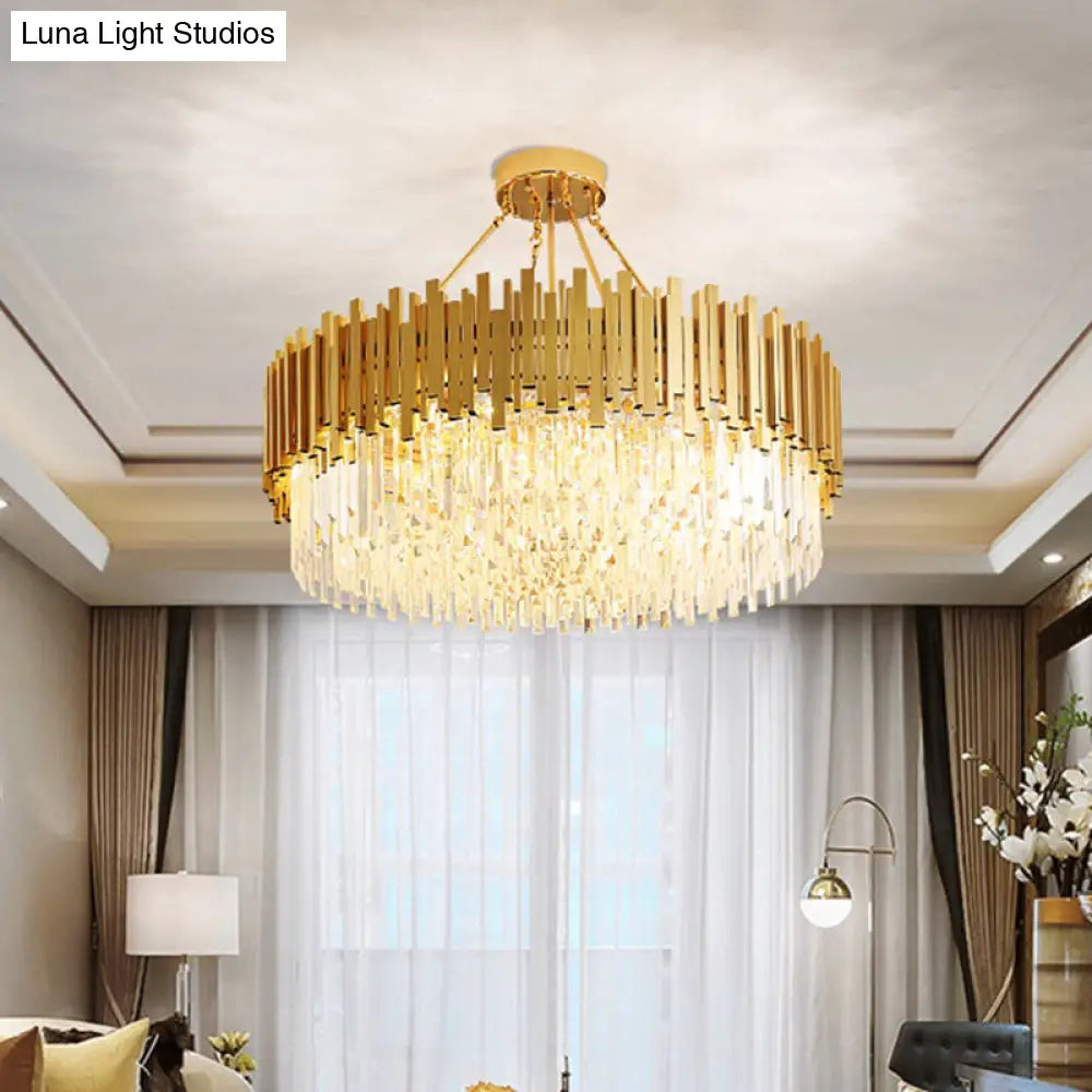 Minimalist Gold Living Room Chandelier With Crystal Drum Shade- 6 Lights Pendant Light