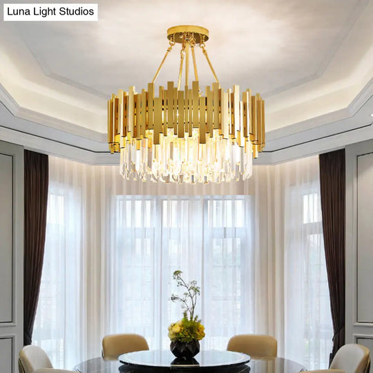 Minimalist Gold Living Room Chandelier With Crystal Drum Shade- 6 Lights Pendant Light