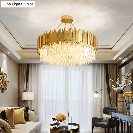 Minimalist Gold Chandelier - 6-Light Drum Crystal Pendant For Living Room Ceiling