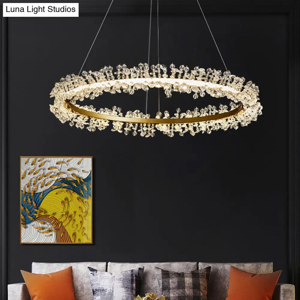 Minimalist Gold Chandelier Led Pendant Light For Bedroom - K9 Crystal Round Suspension Design