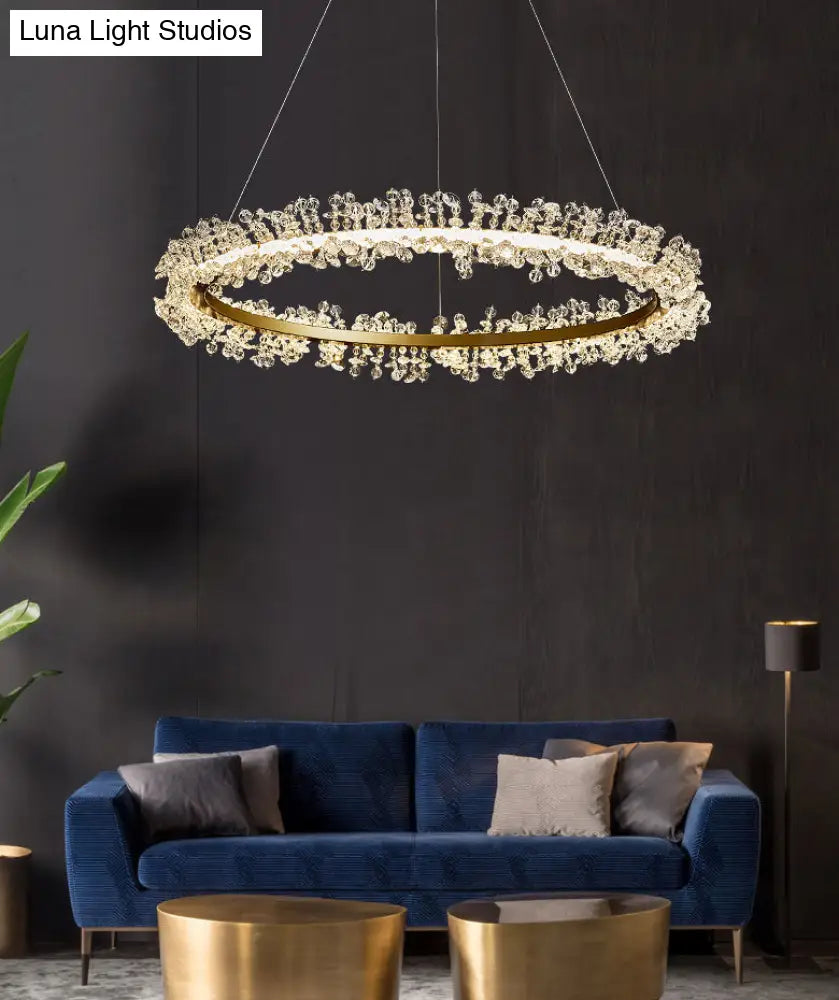 Minimalist Gold Chandelier Led Pendant Light For Bedroom - K9 Crystal Round Suspension Design