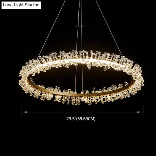 Minimalist Gold Chandelier Led Pendant Light For Bedroom - K9 Crystal Round Suspension Design