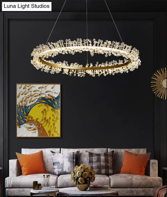 Minimalist Gold Chandelier Led Pendant Light For Bedroom - K9 Crystal Round Suspension Design