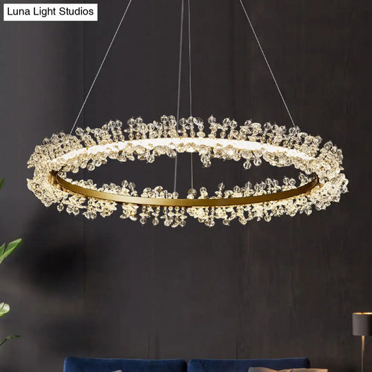 Minimalist Gold Chandelier Led Pendant Light For Bedroom - K9 Crystal Round Suspension Design