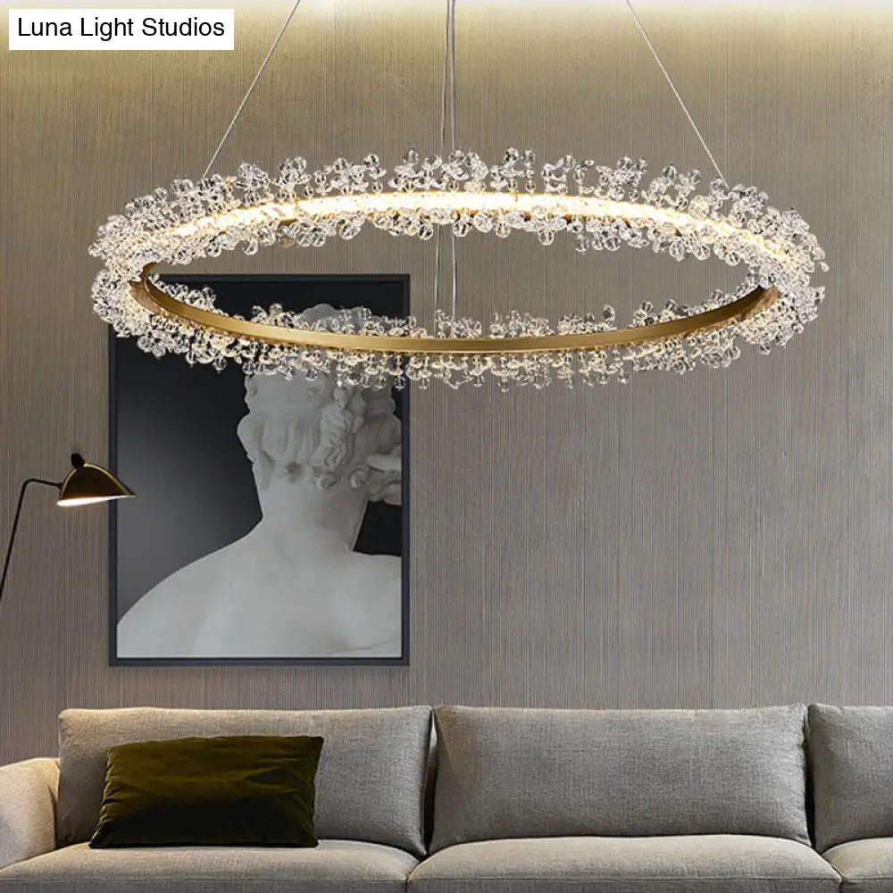 Minimalist Gold Chandelier Led Pendant Light For Bedroom - K9 Crystal Round Suspension Design