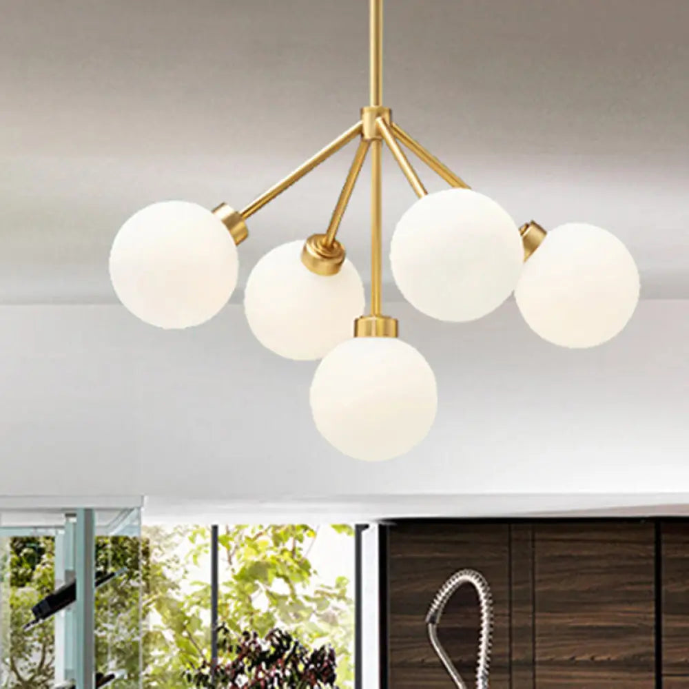 Minimalist Gold Chandelier Light With 5 Milk Glass G9 Lights - Perfect For Restaurants