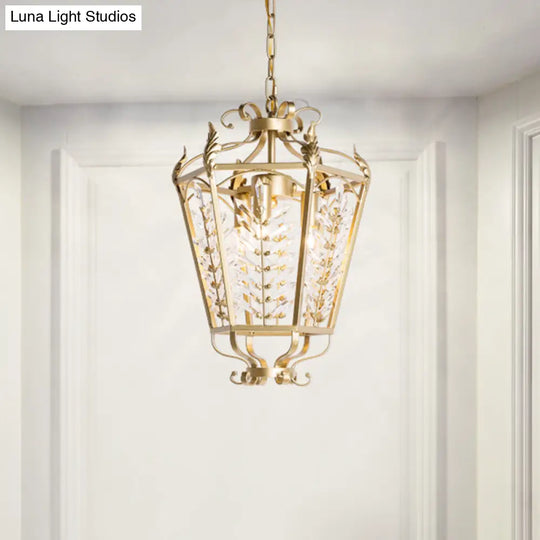 Minimalist Gold Chandelier With 3-Head Design Faceted Crystals And Botanical Stem - Hanging Pendant