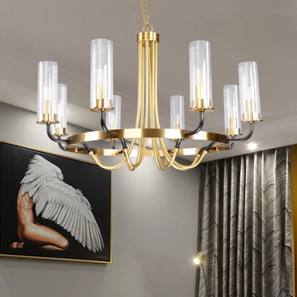 Minimalist Gold Chandelier Pendant Lamp - Tube Clear Glass Hanging Light With 8 Bulbs And Ring