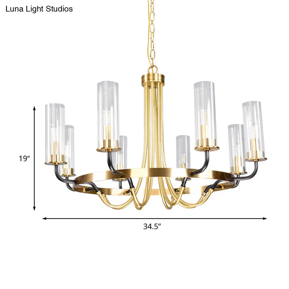 Minimalist Gold Chandelier Pendant Lamp - Tube Clear Glass Hanging Light With 8 Bulbs And Ring