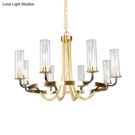 Minimalist Gold Chandelier Pendant Lamp - Tube Clear Glass Hanging Light With 8 Bulbs And Ring