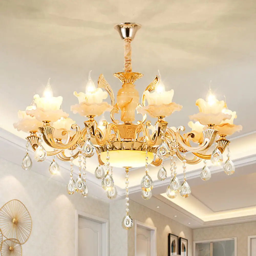 Minimalist Gold Chandelier With Blossom Jade Crystal Draping And Hanging Lamp Kit 10 / A