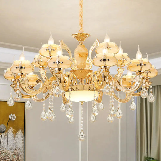 Minimalist Gold Chandelier With Blossom Jade Crystal Draping And Hanging Lamp Kit 15 / C