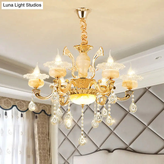 Minimalist Gold Chandelier Light Fixture With Crystal Draping And Jade Blossom Accents 6 / B