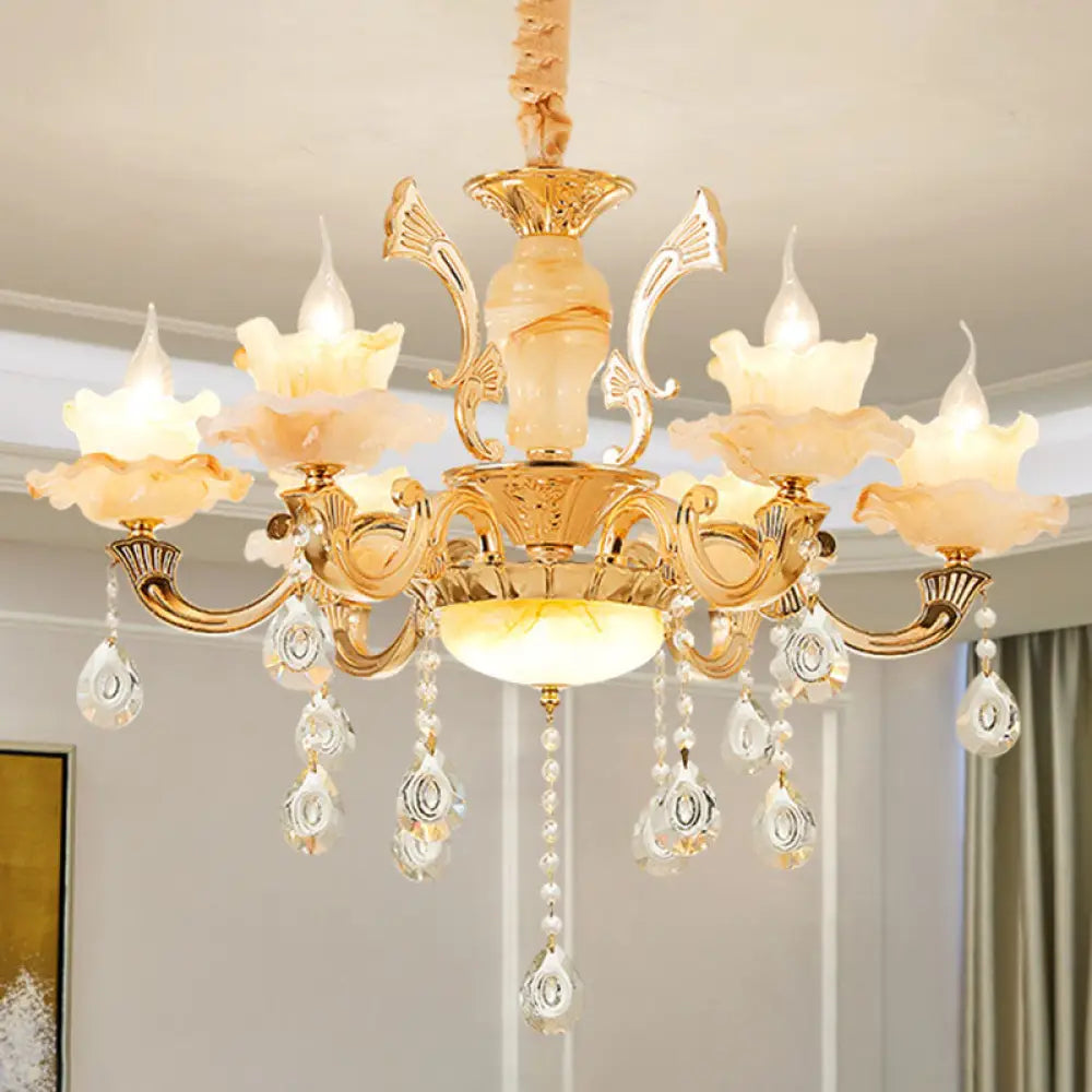 Minimalist Gold Chandelier With Blossom Jade Crystal Draping And Hanging Lamp Kit 6 / A