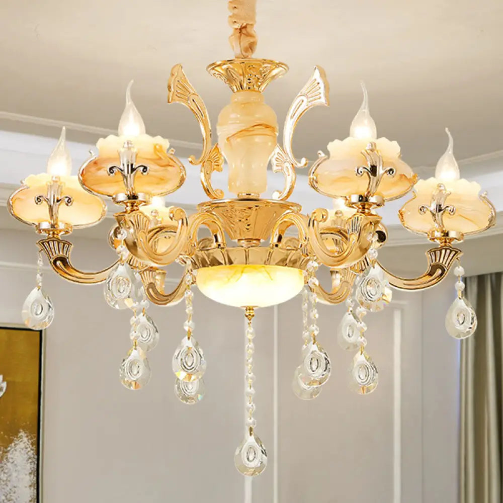 Minimalist Gold Chandelier With Blossom Jade Crystal Draping And Hanging Lamp Kit 6 / C