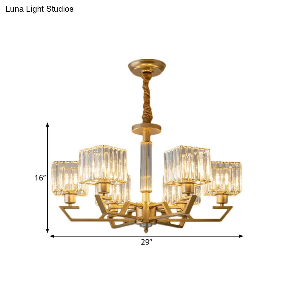 Minimalist Gold Chandelier With Clear Crystal Prisms - 3/6 Light Suspended Fixture