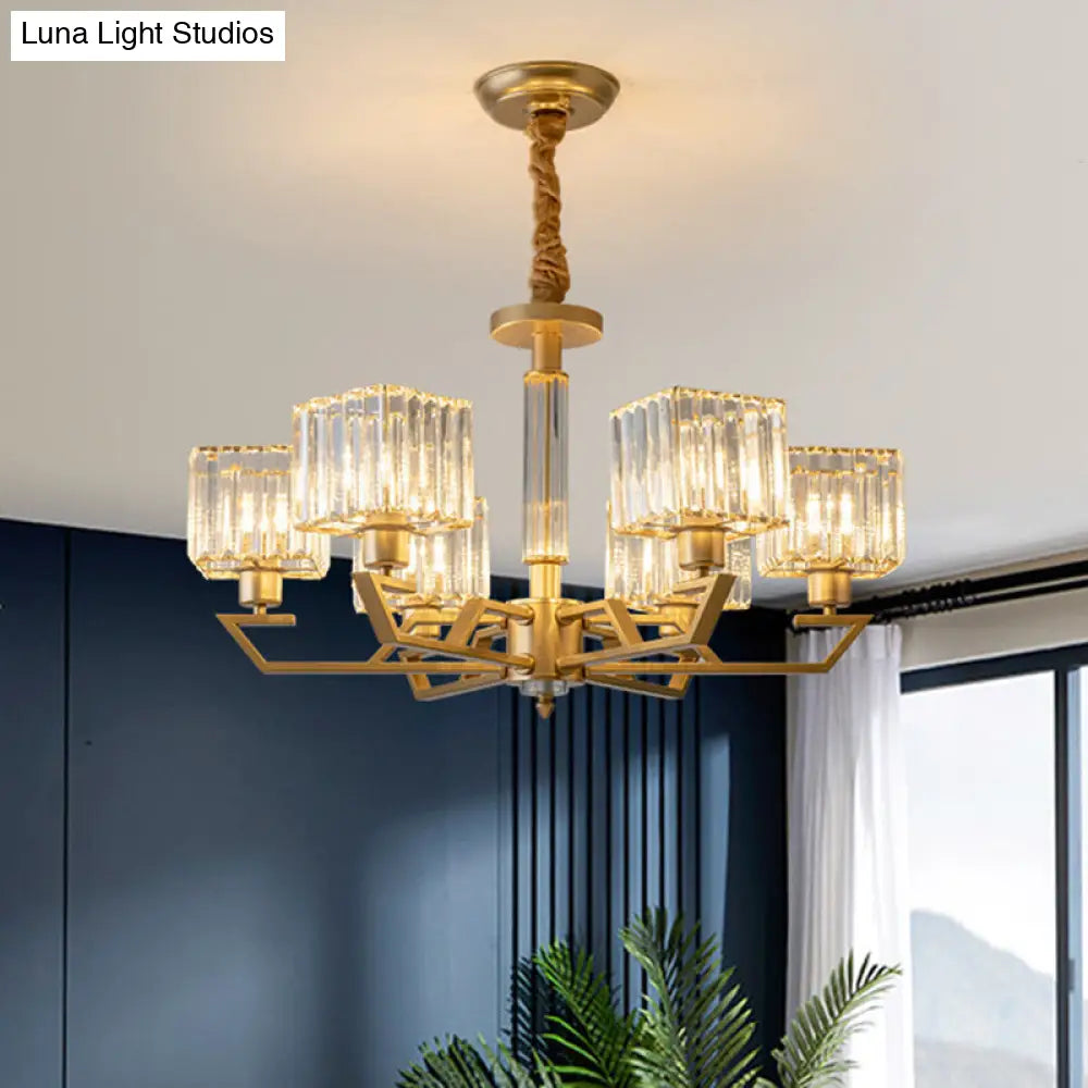 Minimalist Gold Chandelier With Clear Crystal Prisms - 3/6 Light Suspended Fixture 6 /