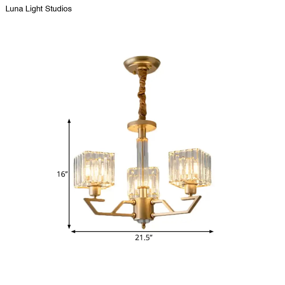 Minimalist Gold Chandelier With Clear Crystal Prisms - 3/6-Light Suspension Fixture