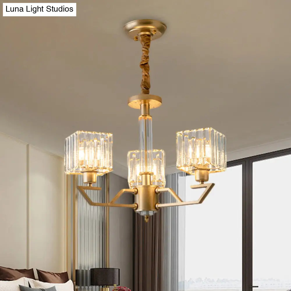 Minimalist Gold Chandelier With Clear Crystal Prisms - 3/6-Light Suspension Fixture