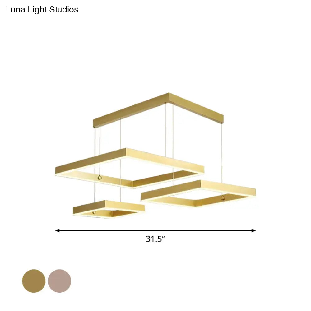 Minimalist 3-Head Led Pendant Light: Gold/Coffee Chandelier With Square Acrylic Shade - Warm/White