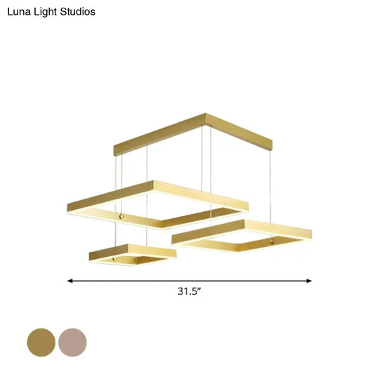 Minimalist 3-Head Led Pendant Light: Gold/Coffee Chandelier With Square Acrylic Shade - Warm/White