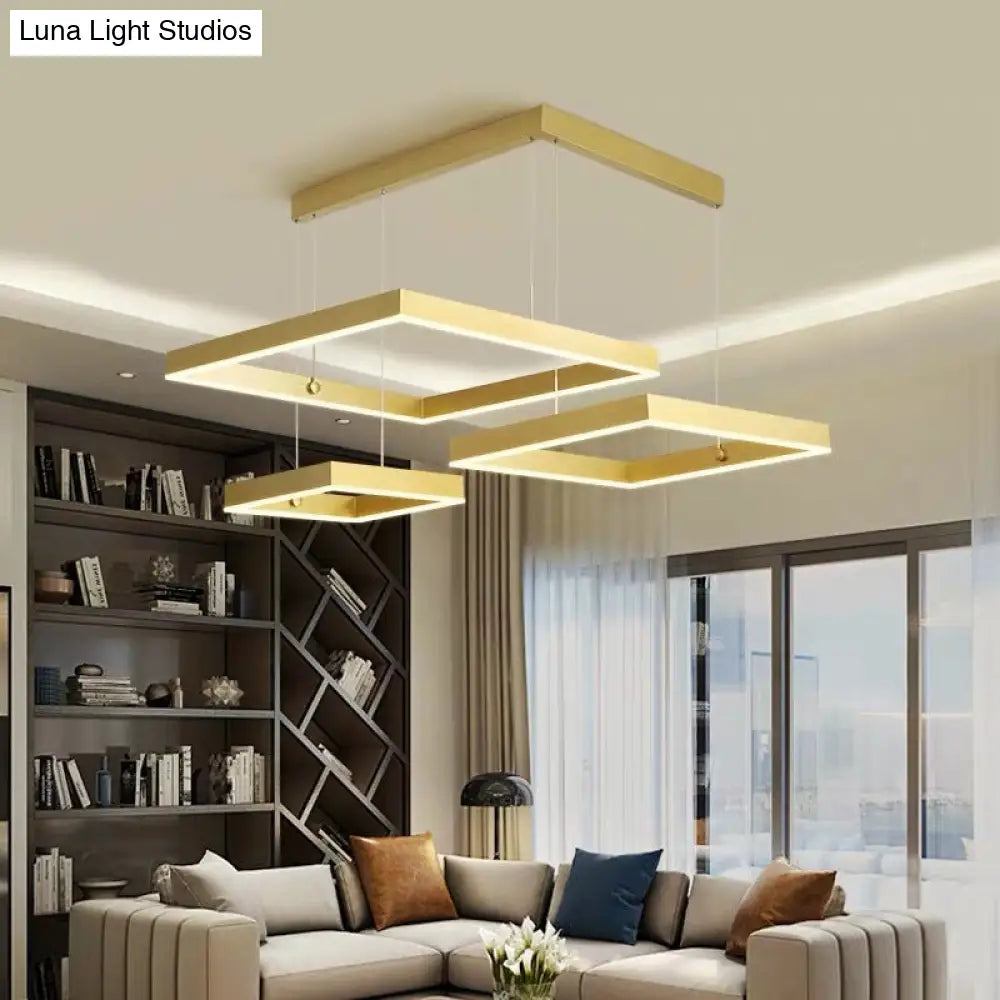 Minimalist 3-Head Led Pendant Light: Gold/Coffee Chandelier With Square Acrylic Shade - Warm/White