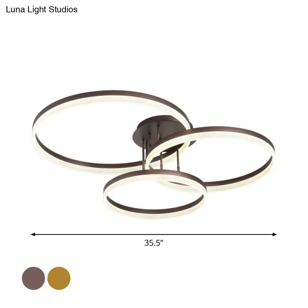 Minimalist Gold/Coffee 3-Ring Led Ceiling Light In Warm/White