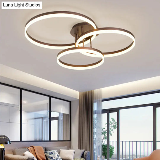 Minimalist Gold/Coffee 3-Ring Led Ceiling Light In Warm/White