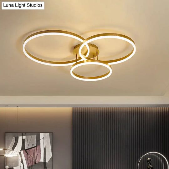 Minimalist Gold/Coffee 3-Ring Led Ceiling Light In Warm/White