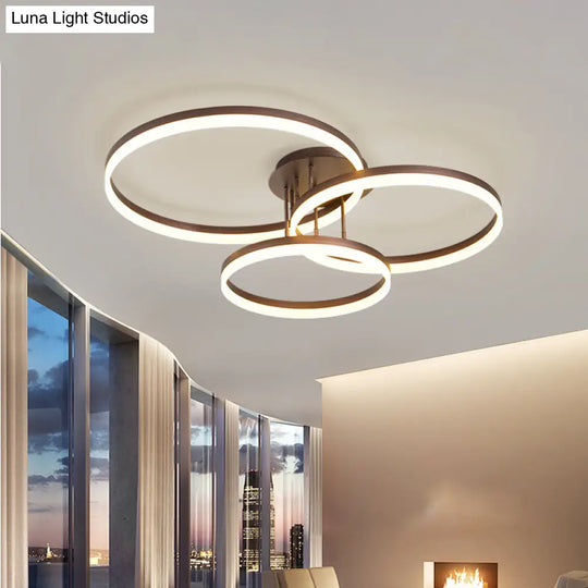 Minimalist Gold/Coffee 3-Ring Led Ceiling Light In Warm/White