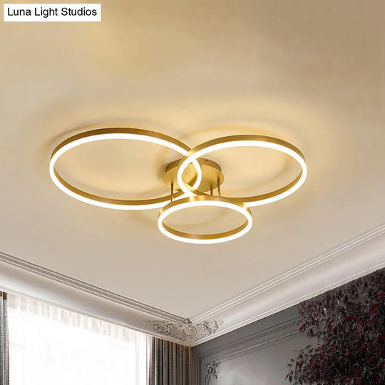 Minimalist Gold/Coffee 3-Ring Led Ceiling Light In Warm/White