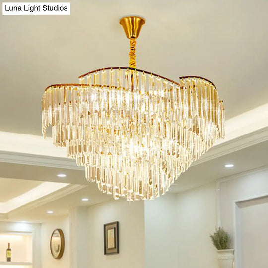 Minimalist Gold Finish Conical Crystal Chandelier For Living Room - Prismatic Suspension Light 14 /