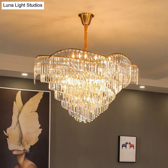 Minimalist Gold Finish Conical Crystal Chandelier For Living Room - Prismatic Suspension Light