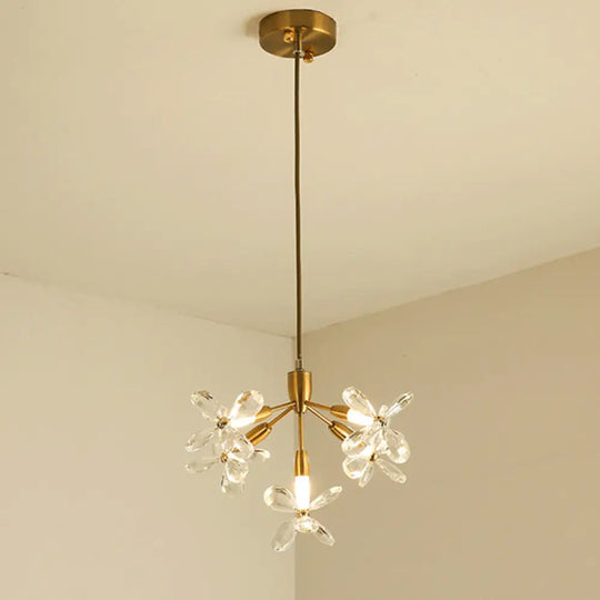 Minimalist Gold Crystal Chandelier With 5 Flower Pendant Heads - Perfect For Dining Room Lighting