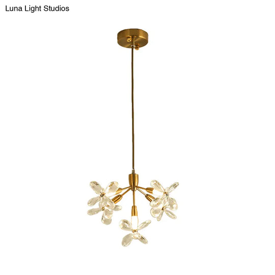 Minimalist Gold Crystal Chandelier With 5 Flower Pendant Heads - Perfect For Dining Room Lighting