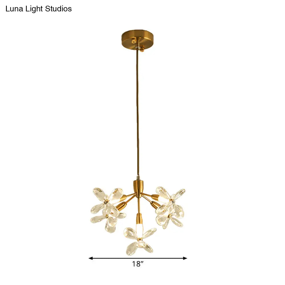 Minimalist Gold Crystal Chandelier With 5 Flower Pendant Heads - Perfect For Dining Room Lighting