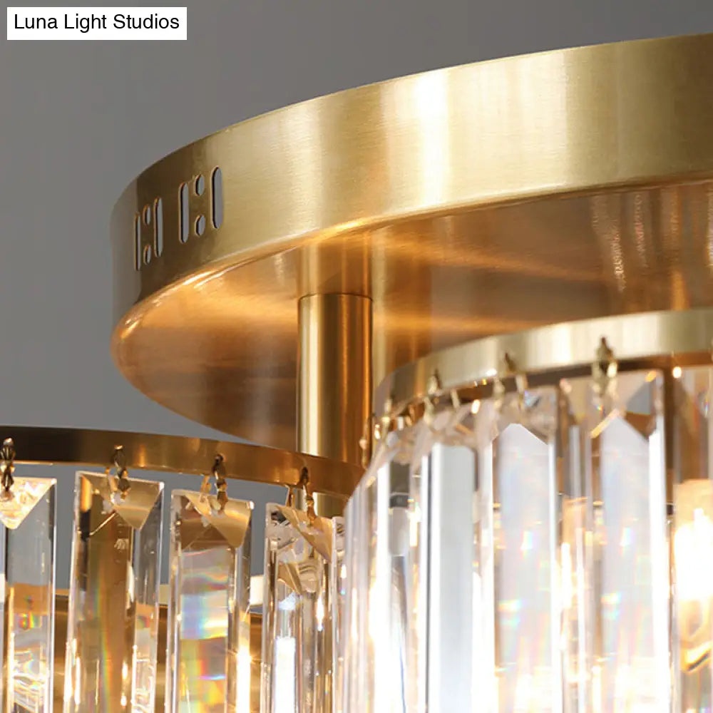 Minimalist Gold Crystal Flush Mount Ceiling Light: Tri-Prism Round Semi Lighting