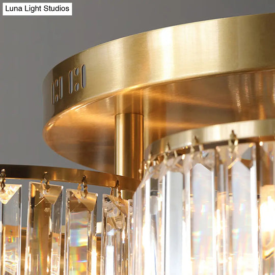 Minimalist Gold Crystal Flush Mount Ceiling Light: Tri-Prism Round Semi Lighting