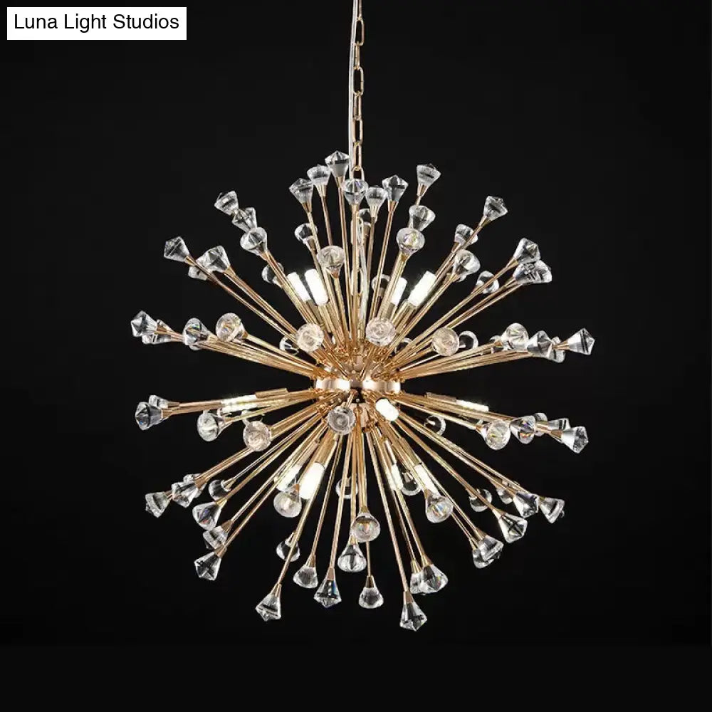 Minimalist 12-Light Gold Crystal Urchin Pendant Chandelier For Living Room