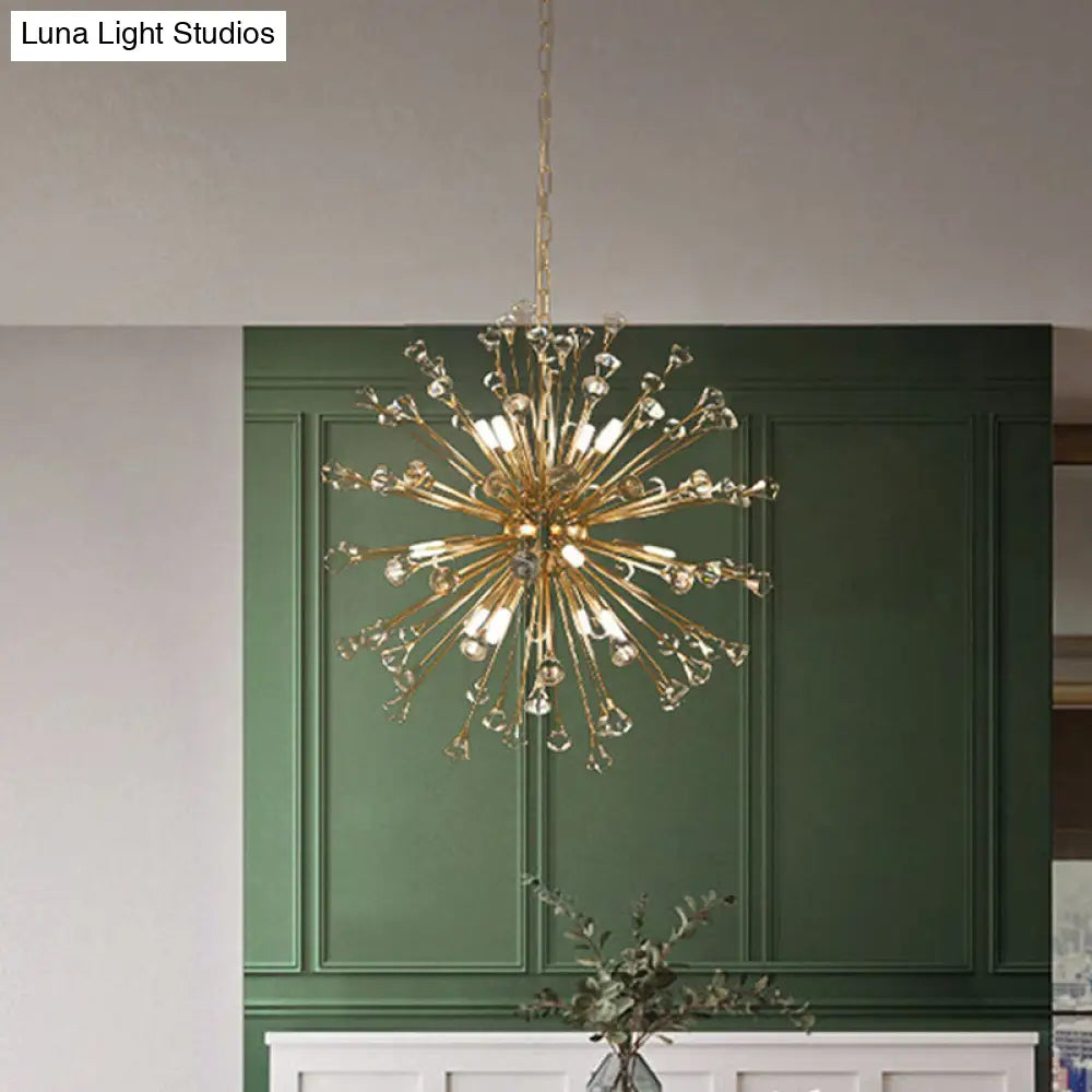 Minimalist 12-Light Gold Crystal Urchin Pendant Chandelier For Living Room