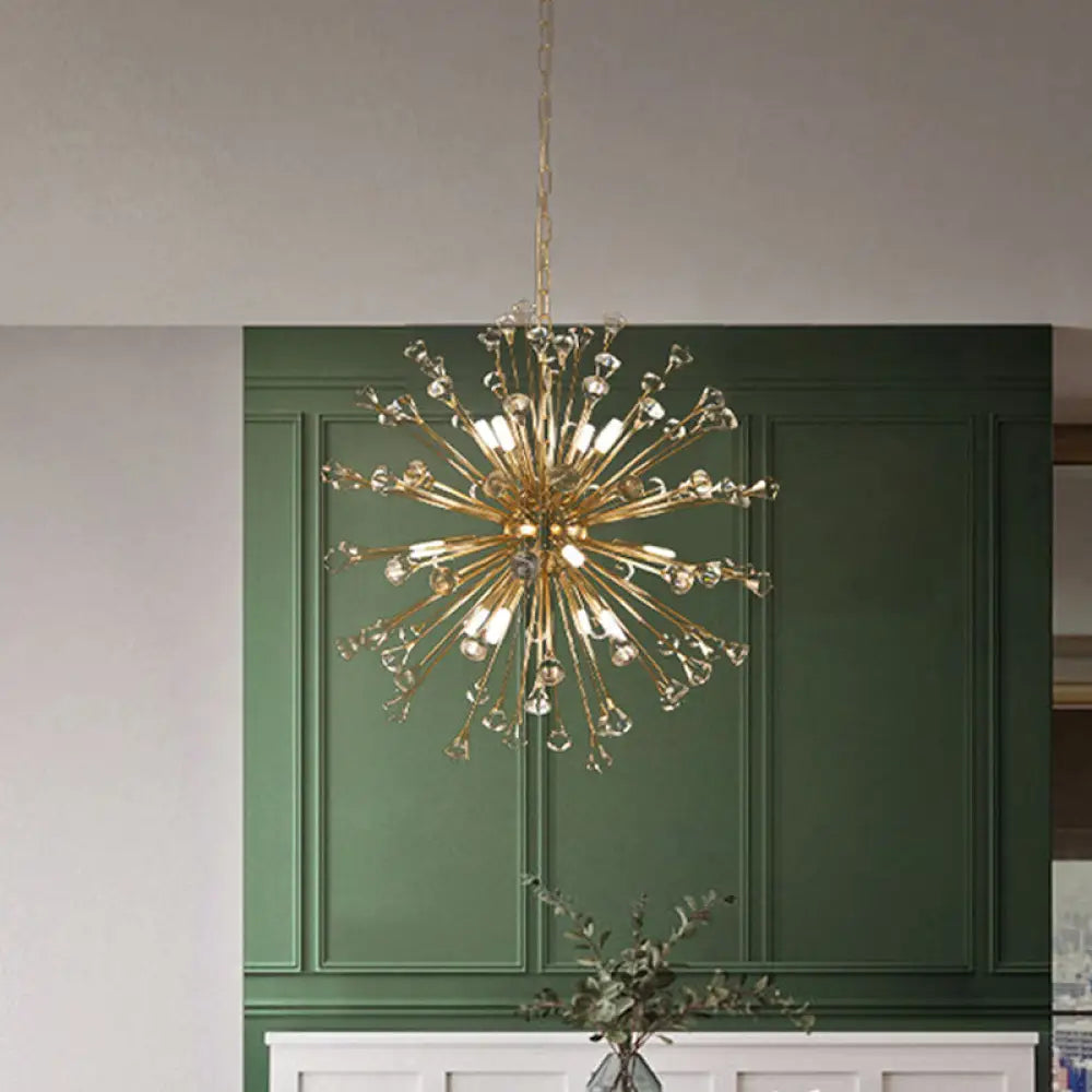 Minimalist Gold Crystal Urchin Chandelier: 12-Light Pendant For Living Rooms