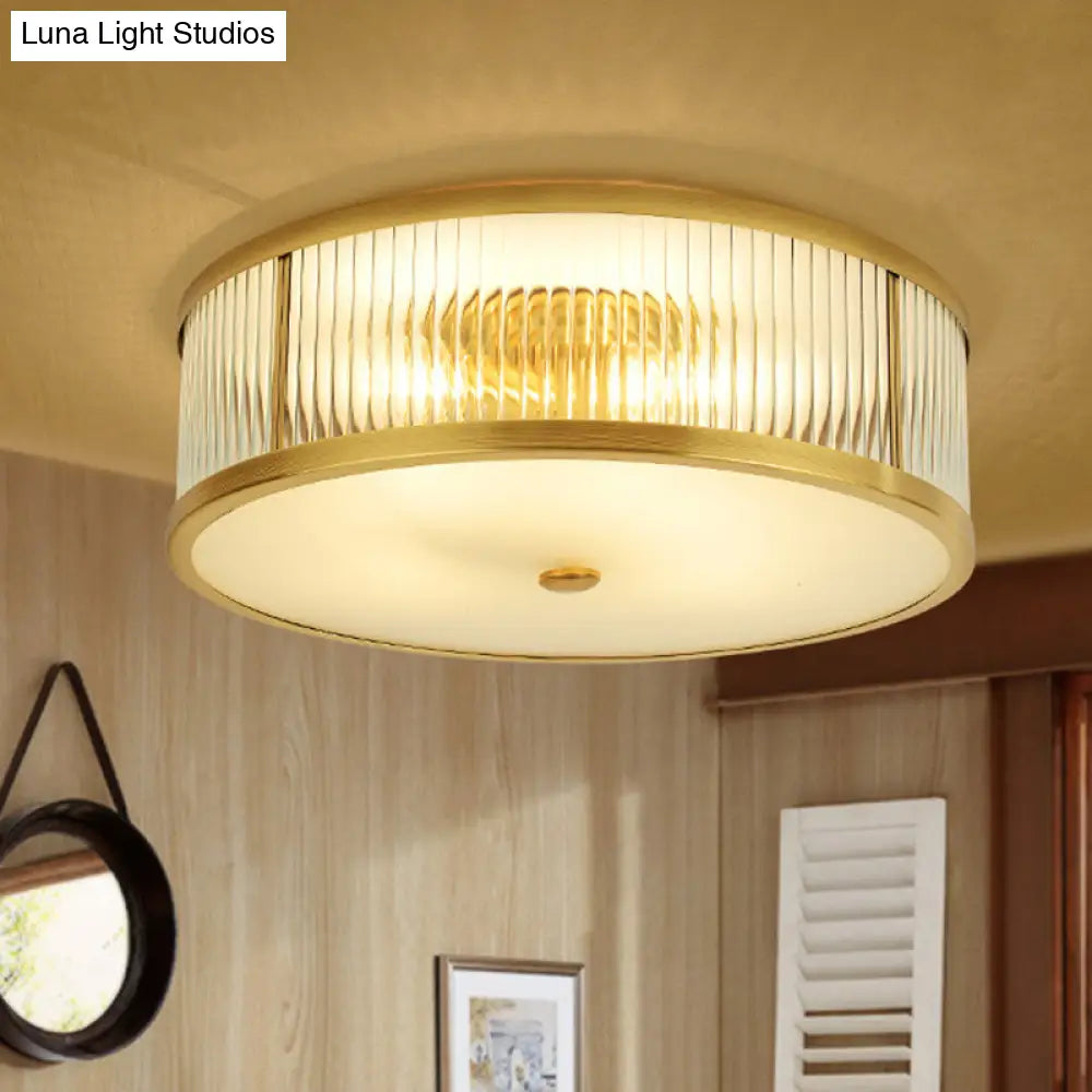 Minimalist Gold Drum Flush Mount Ceiling Light With Ribbed Glass - 4 Heads Ideal For Bedrooms