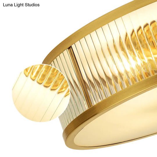 Minimalist Gold Drum Flush Mount Ceiling Light With Ribbed Glass - 4 Heads Ideal For Bedrooms