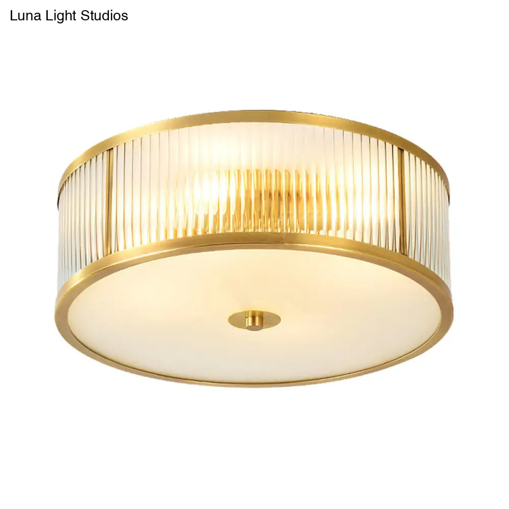 Minimalist Gold Drum Flush Mount Ceiling Light With Ribbed Glass - 4 Heads Ideal For Bedrooms